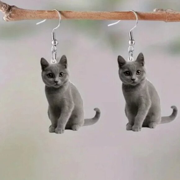 Calling All Cat Lovers | Women's Girls Gray Dangle Cat Earrings - Gift - Picture 6 of 6